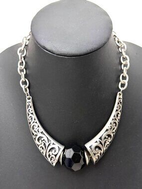 Necklace Black Faceted Bead Filigree Gothic Statement Silver Tone 19 inches